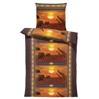 One Home Bettwäsche Afrika Savanne, Mikrofaser, 4 teilig, Safari, Elefanten und Giraffen braun