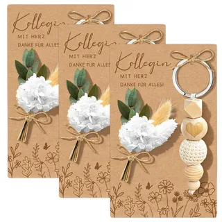 3 Stück Abschiedsgeschenk Holz Schlüsselanhänger mit Trockenblumen & Karte | Geschenke für scheidende Kollegen, Lehrer, Freunde, Gäste oder Mitarbeiter, dankeschön geschenke, geschenk kollegin - Einheitsgröße
