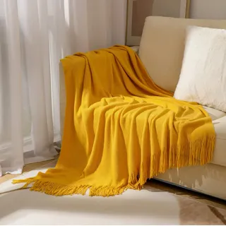 Hayisugal Wohndecke Weich Strick Wolldecke Quaste Kuscheldecke Einfarbig Sofadecke Schlafdecke Decke überwurf Decke Reisedecke, Gelb, 130x210cm