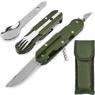 Multifunktionales Klappgeschirr, 5 in 1 Camping Besteck Set, Outdoor Survival Reisebesteck, Klappbar Edelstahl Klappbesteck mit Aufbewahrungstasche für Camping und Wanderungen (5 in 1)
