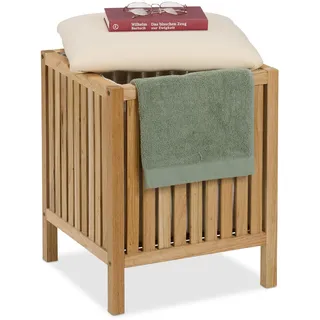 Relaxdays Wäschekorb Walnussholz Natur Weiß mit Sitzkissen Gepolstert 51 x 38 x 38 cm 3,8 kg