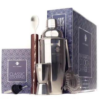 Rusty Barrel Manhattan Cocktail Set – Cocktail Shaker Set mit Edelstahl-Shaker, Stößel aus Holz, Bar-Sieb, Barmaß, Ausgießer, Löffel & Rezeptheft | Cocktail Zubehör In Einer Luxuriösen Geschenkbox