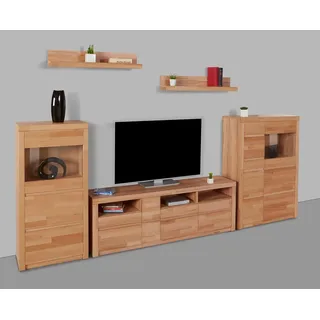 OTTO home Wohnwand Silkeborg: 5-teilig, Breite: 310cm, Griffmulden, variable Einlegeboden, (Set, 5-St), Fronten aus Massivholz und Korpus aus Holzwerkstoff braun