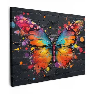 OnlyWow© Outdoor Leinwand Bild 80x60 cm Gartenbild Wetterfest Terrasse Deko Balkon Wandbild Außendekoration Modern Draußen Schmetterling - Graffiti - Neonkunst - Farbenfroh - Kunst
