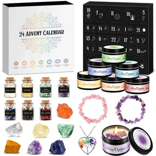 Vexyra Adventskalender 2026 Frauen Chakra Duftkerzen mit Edelsteine, Geschenke für Yoga Entspannung Meditation Spirituelle Wellness, Kerze Heilsteine Kristalle Weihnachtsgeschenke Damen Freundin Mama