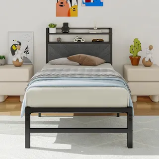 ARFARLY Bettrahmen Einzelbett 90x200 Metallbett Jugendbett Stoffbett - Hochwertiges Bettgestell mit Lattenrost, Kopfteil für erholsamen Schlaf - Robustes Bett 90x200 Modernes Design in Dunkelgrau
