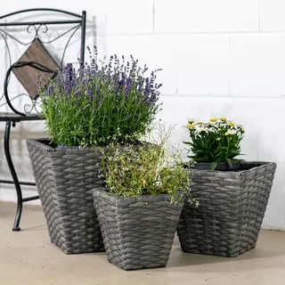 DARO DEKO Rattan Blumentopf eckig S, M und L - 3 Stück anthrazit