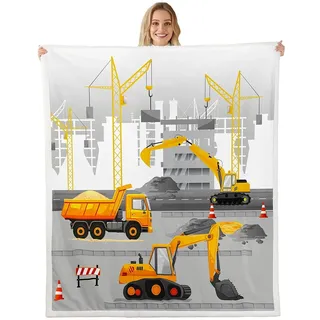 Homemissing Bagger Decke 150x200cm Baufahrzeug Kuscheldecke Set Zeichentrickfahrzeug Baufahrzeug Fahrzeugdruck Wohndecke Set für Kinder Jungen Mädchen Atmungsaktiv Flanell Fleecedecke Weich Grau Gelb