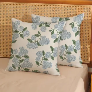 2er Set Kissenbezüge 40×40cm – Leinen Mit Blau-grünem Hortensienmuster, Vintage & Florale Deko Für Sofa, Wohnzimmer Und Terrasse, Frühling & Sommer