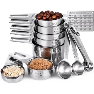 U-Taste Messbecher und Löffel mit Waage, 18/8 Edelstahl, 15 Stück, Silber | 7 Cup Becher & 7 TL/EL Dosierlöffel mit 2 D-Ringen und 1 Professionelle