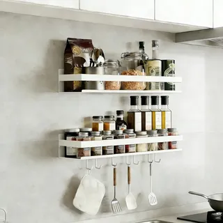 Topnewhome 2er Set Gewürzregal Wand Ohne Bohren mit 6 Haken Küchen Wandregal Küchenregal Wandmontage Hängend Hängeregal für Küche Badezimmer Balkon,Weiß,40cm