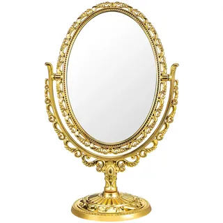KAILIKETIY Spiegel Tischspiegel Kosmetikspiegel Europäischen im Stil Doppelseitiger Vintage Gold Ovaler aus Kunststoff Glas 360° Drehbar und Badezimmer und Zuhause