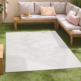 carpet city In-& Outdoor Teppich - 160x230 cm - für Innen-& Außenbereich - Wetterfest Balkon-Teppich, Terrasse, Flur, Küche - Wohnzimmer-Teppiche - Hochtief/ 3D-Effekt - Streifen-Muster in Creme