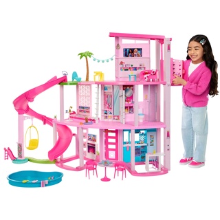 Barbie - Traumvilla, Poolparty Puppenhaus mit mehr als 75 Teilen und Rutsche über 3 Etagen, Haustieraufzug und Spielbereiche für die Welpen, für Kinder ab 3 Jahren, HMX10