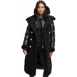 Navahoo Damen Wintermantel (XS-XXL) - Kapuze, Stepp-Innenteil, Teddymantel mit Gürtel - N119 - Schwarz Größe XL - Gr.XL - XL