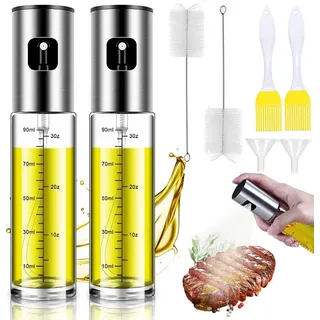 Refined Living Ölspender 2xÖlspender,Öl Sprühflasche,Ölpumpe,Essig Sprüher,Öl Flasche für Küche, (Sprühgerät für Öl aus Edelstahl und Glas, gesundes Kochen, 100ML Öl Sprühflasche, mit Rutschfeste Basis, Sprühflasche Öl, Olivenöl Sprühgerät, Öl Zerstäuber, umweltfreundlich, langlebig, BPA-frei, 2-tlg., zum Braten, Grillen, Backen oder für Diät- und Gesundheitsbewusste), mit 2 Pinsel & 2 Trichter, für Öl, Essig,Sojasauce,Zitronensaft & mehr silberfarben