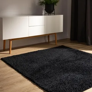 benuta Basic Hochflorteppich Teppich Wohnzimmer Sohari - Schwarz 160x160 cm - Minimalistischer Look - Weich & Waschbar - Für Schlafzimmer, Flur oder Esszimmer - Geeignet für Fußbodenheizung