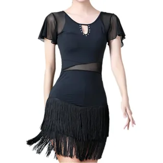 Leeonway Damen Strass Latein Tanzkleid,Damen Strass Latein Tanzkleid mit Fransen,Tanzkostüm Latein Tanz Trikotkleid,Tango Modern Turnierkleid,Mit Fransen,Für Ballsaal Salsa Samba Tango