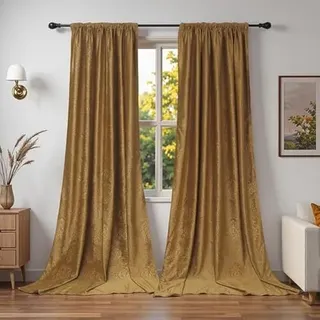 Rosnek 2 Stück Samt Vorhang Blickdicht Kräuselband,H225xB132CM Luxus Vorhänge Schlafzimmer Thermovorhang mit Multifunktionsband,Verdunkelungsvorhang Barock Deko,Gold