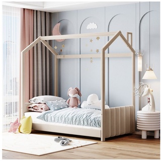 SOFTWEARY Kinderbett mit Lattenrost (90x200 cm), Polsterbett, Hausbett, Kiefer, Samt beige