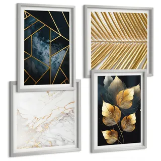 BILDER SET 4er Set - 50x50 cm & 40x60 cm Silberner Rahmen - Moderne Pflanzenmuster