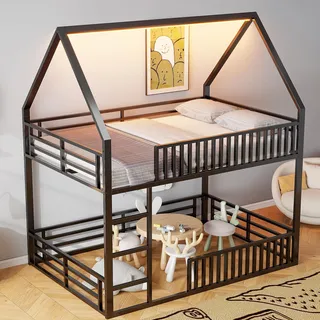 FAVSH Hochbett 140x200 cm, stabiles Metall Etagenbett mit Rausfallschutz und Lattenrost, Sicherheitsgitter, Familienbett Loftbett für Kinder, Jugendliche und Erwachsene, modernes Design, Schwarz
