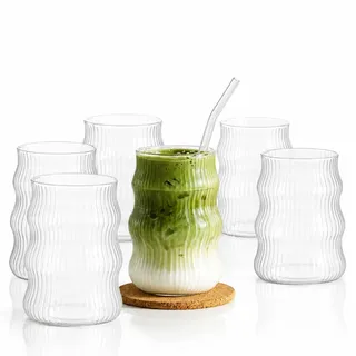 vienberg 6er Set Matcha Gläser 400ml mit Bubble & Ripple Design – Trinkgläser für Matcha Latte, Iced Coffee & Smoothies – Geriffelte Wellengläser, spülmaschinenfest (Ripple, 400, Milliliter)