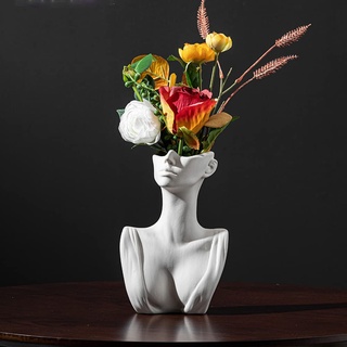 RONGKUN Kreative menschliche Kopf Gesicht Blumen Porträt Vase, Nordische Weiße Skulptur Pflanztopf, Beige Vase Für Pampasgras, Keramik Trockenes Blumenarrangement Vase für Haus Büro