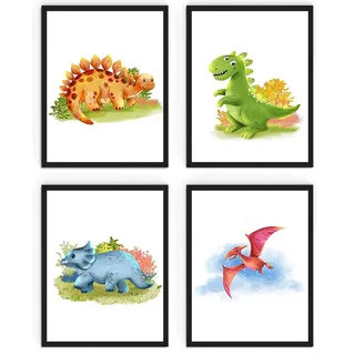WIETRE® 4er Set Bilder Dinosaurier Kinderzimmer Babyzimmer Deko | Bild Junge Mädchen Poster DIN A4 | Dinos T-Rex Tiere (mit schwarzen Rahmen)