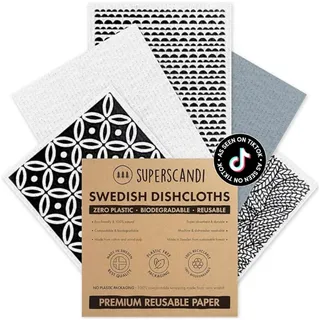 SUPERSCANDI schwedische Geschirrtücher 5-Pack 100% Biologisch Abbaubar & Kompostierbar | Wiederverwendbare & Lebensmittelsichere Spültücher | Für Jede Oberfläche Geeignete Spüllappen | Artdeco Weiß