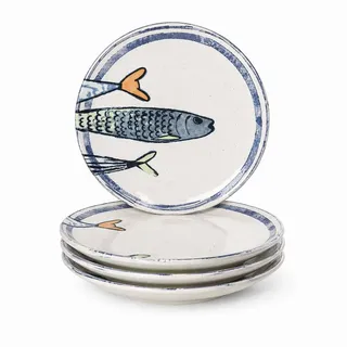 WestCraft Speiseteller Teller im mediterranen Design mit Sardinen-Motiv 2.0, Maritime Teller, (4 St), 4er Set, hochwertig und robust - langlebig und vielseitig einsetzbar weiß rund | Ø 20 cm x 2.5 cm
