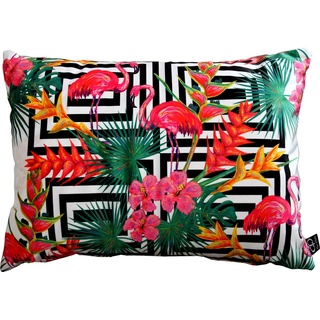 Casa Padrino Luxus Kissen Miami Flamingos & Flowers Mehrfarbig 35 x 55 cm - Feinster Samtstoff - Deko Wohnzimmer Kissen