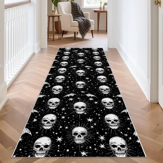 Totenkopf Skull Schädelmuster Läufer Teppich 60x150 cm, Fledermaus Sternenhimmel Gotisch Küchenteppich rutschfest Teppichläufer Langer Flur Teppich Läufer für Eingang Küche Schlafzimmer, Wohnzimmer
