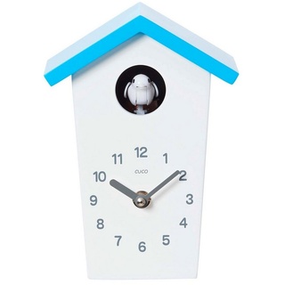 Cuco Clock Wanduhr Mini Kuckucksuhr HOCHHAUS, Wanduhr, Moderne Schwarzwalduhr (17,0 × 12,4 × 9,0cm, mit Nachtruhefunktion, Kuckucksruf, Quarzuhrwerk) blau|weiß