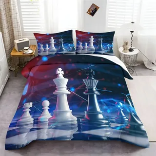 Bettwäsche 155 x 220 cm, Geometrische Schachfigur Print dreiteiliger Bettwäsche Schwarz Bettwäsche Set Atmungsaktiver Mikrofaser Bettbezug und Kissenbezug 80x80cm mit Reißverschluss