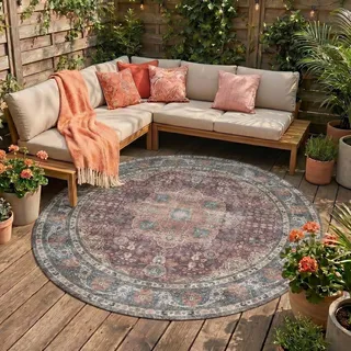 In- & Outdoor Teppich Rund - Kairo Medaillon Bordeaux Rot - Wetterfest - Polypropylen - Ø 100 cm - Wohnzimmer, Esszimmer, Balkon, Garten / Terrasse - Terrasse teppich - Outdoor rug