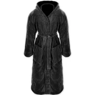 Gräfenstayn Unisex-Bademantel mit Kapuze für Damen und Herren aus kuscheligem Flanell-Fleece, warm & kuschelig, Waden bis Knöchellang, Fronttaschen, Gürtel, S-XXXL schwarz XL | 135 cm