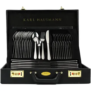 KARL HAUSMANN Besteck Set 12 Personen Edelstahl 72 Teilig im Schwarz Koffer | Besteckset für 12 Personen mit 72 Teilen aus Edelstahl 18/0, komplettem Tafel- und Servierbesteck, schwarzer Koffer