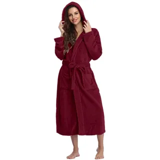 Generisch Bademantel Damen - Leicht Lang mit Kapuze Flauschig Frottee Schlafmantel Einfarbig Casual Fleece Hausmantel Bequemer Reisebademantel Kapuzenbademantel