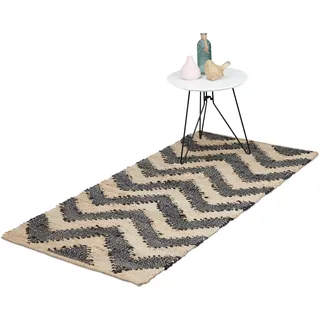 Relaxdays Läufer, Zick-Zack, 70 x 140 cm, Baumwolle Jute, rutschfest, handgewebt, Diele & Flur, Teppich, beige-schwarz