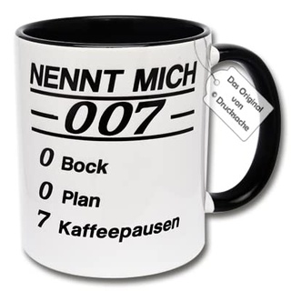 CRP Tasse mit Spruch, lustige Kaffeetasse für Arbeit und Büro ''Nennt mich 007 - 0 Bock 0 Plan 7 Kaffeepausen'' Geschenkidee für Kollegen (A: Schwarz-Weiß)