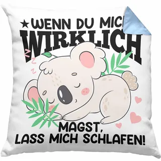 Trendation Wenn Du Mich Magst Lass Mich Schlafen Kissen mit Füllung 40x40 Koala Geschenkidee Sprüche für Jugendliche Mädchen (Blau)