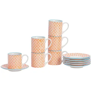 Nicola Spring 65ml Espresso-Tassen & Untertassen 12-teiliges Set – Orange | Kaffeetassen aus Steingut mit Untertassen Shabby-Chic-Muster spülmaschinen- und mikrowellengeeignet