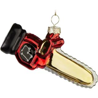 Brubaker Kettensäge - Handbemalte Weihnachtskugel aus Glas - 11 cm Baumkugel Motorsäge für Holzfäller und Handwerker - Mundgeblasener Christbaumschmuck - Deko Figur - Rot, Gold und Schwarz