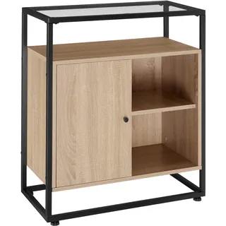 Tectake Kommode mit Glasoberfläche, 70 x 38 x 80,5 cm, Beistellschrank im Industrie-Design, Holz Sideboard für Wohnzimmer Flur Küche, schwarzes Metallgestell (Industrial Holz hell, Eiche Sonoma)