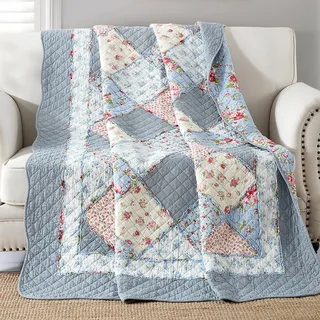 Qucover Tagesdecke für Einzelbett, gesteppt, weiche Baumwolle, Blumenmuster, Patchwork, Steppdecke, 127 x 152 cm, Blau