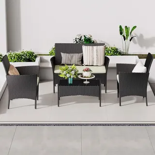 BIGZZIA Gartenmöbel-Set für den Außenbereich aus Rattan, 4-teilig, Gartenmöbel-Set für 4 Personen, inklusive 1 Sofa, 2 Sessel, 1 Tisch, Schwarz - Schwarz