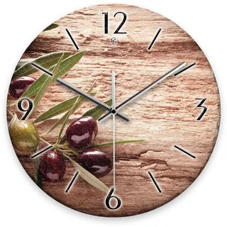 Kreative Feder Wanduhr „Oliven“ aus Stein (Keramik) in Schiefer-Optik; Durchmesser 30cm; mit leisem Uhrwerk (Oliven, leises Funkuhrwerk)