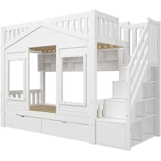 Hochbett Für Kinder 90 X 200 Cm Aus Kiefer Und Mdf Mit Aufbewahrungstreppe, Haus, Weiß