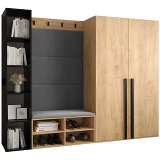 Möbel Kryspol Garderoben-Set, Eiche, Grau, Holz, Nachbildung, 2-Sitzer, 10 Fächer, 214x184x42 cm, Garderobe, Garderoben-Sets & Serien, Garderoben-Sets
